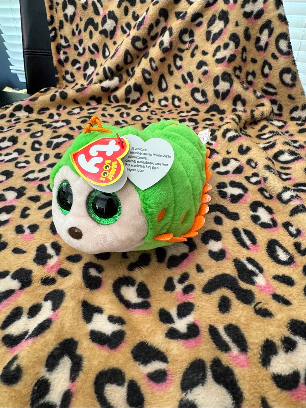 Ty Green Caterpillar Beanie Boo Plush with Orange Accents